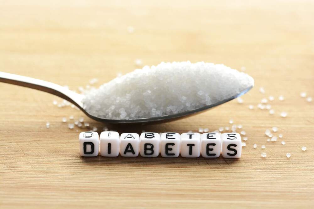 Pile of sugar on a spoon and diabetes letters